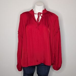 NWT Gemma + Jane Red Tie Neck Ruffle Accent Long Sleeve Blouse M